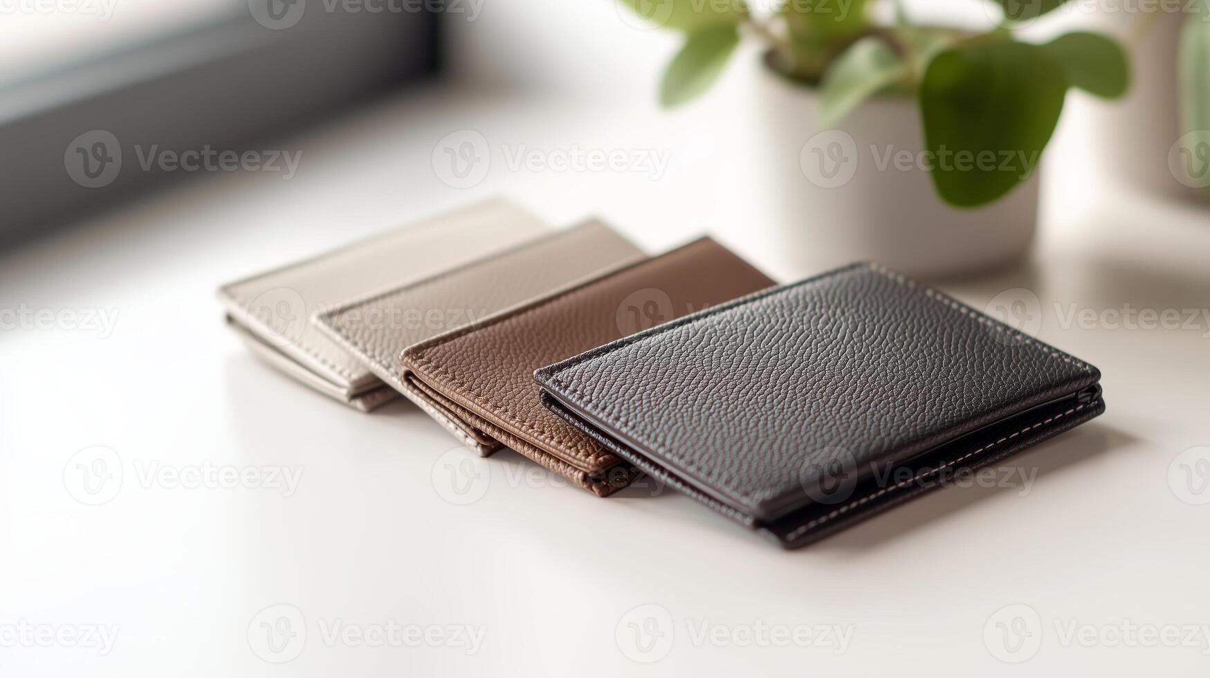Elegant collection of minimalist cardholders in neutral tones displayed on a table with greenery in the background photo