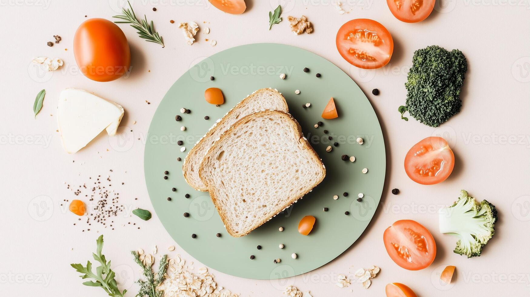 Fresh ingredients and whole grain bread arranged on a green plate with vibrant vegetables and herbs in a well-lit kitchen setting photo