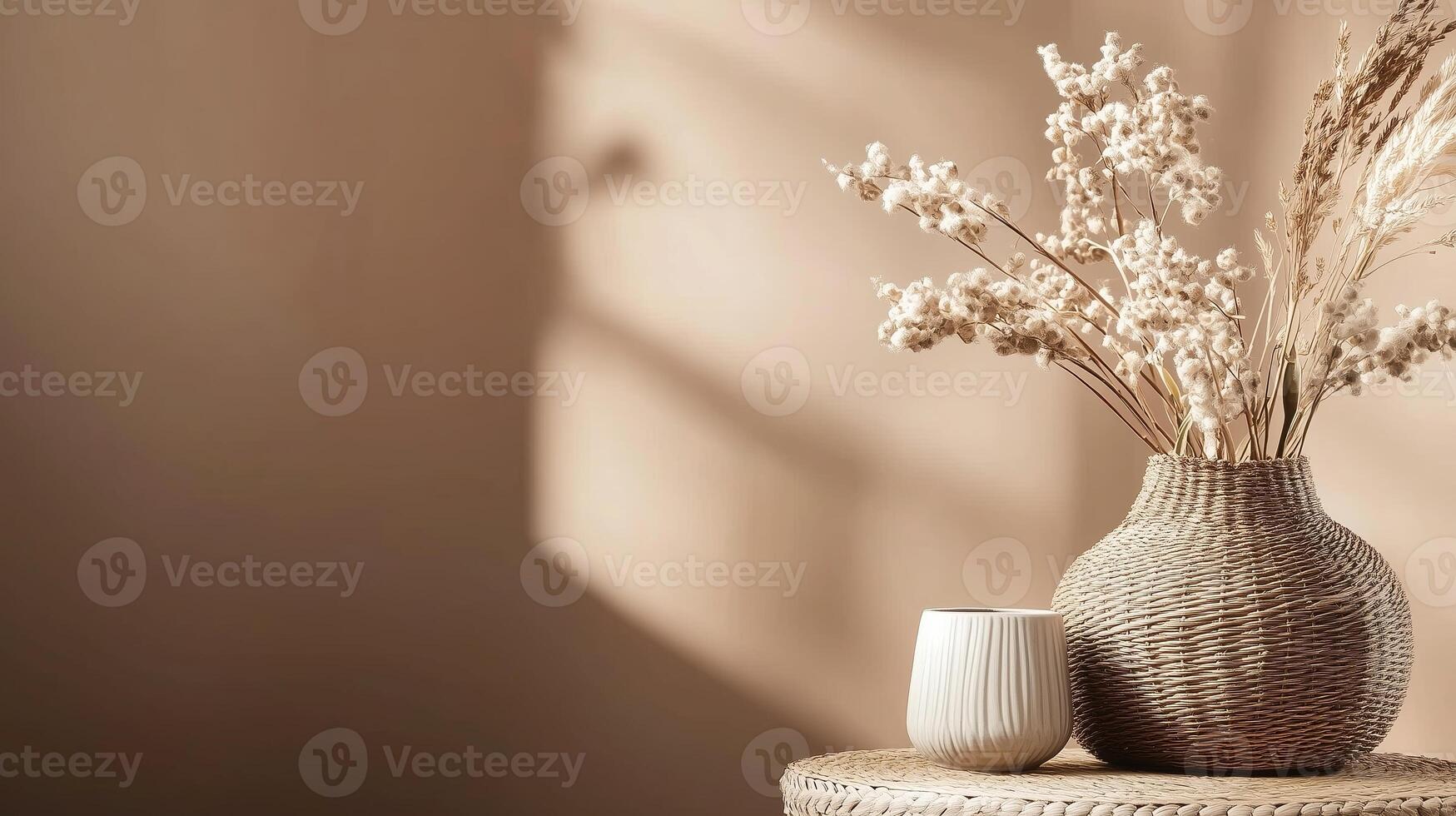 Elegant vase with dried flowers and candle on table bathed in soft, warm light in a cozy indoor setting photo