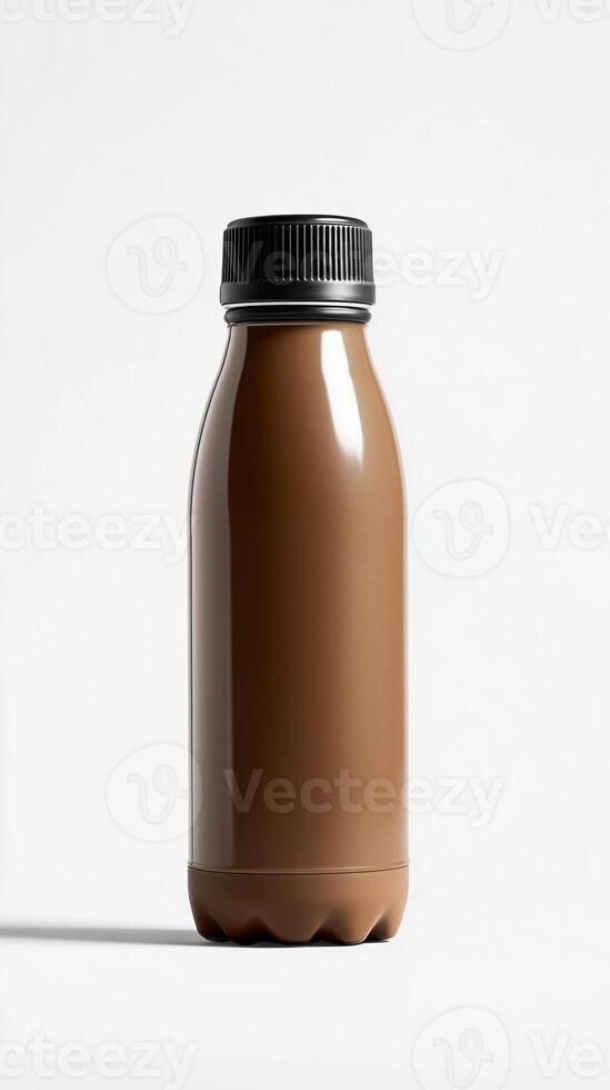 Brown plastic bottle filled with chocolate beverage on a plain background for promotional display or product showcase photo
