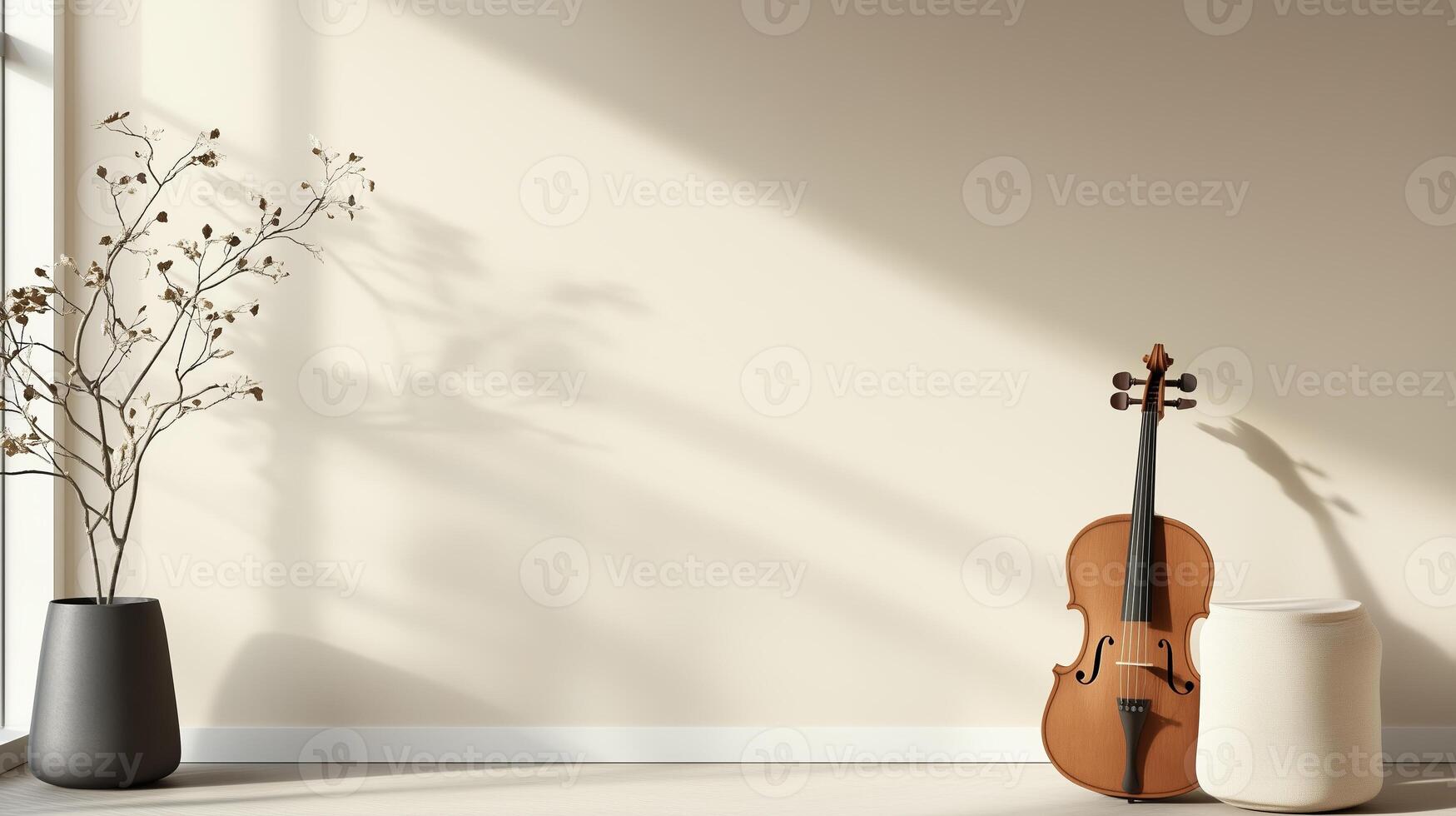 Elegant interior with a violin and a plant draped in soft natural light during the afternoon photo
