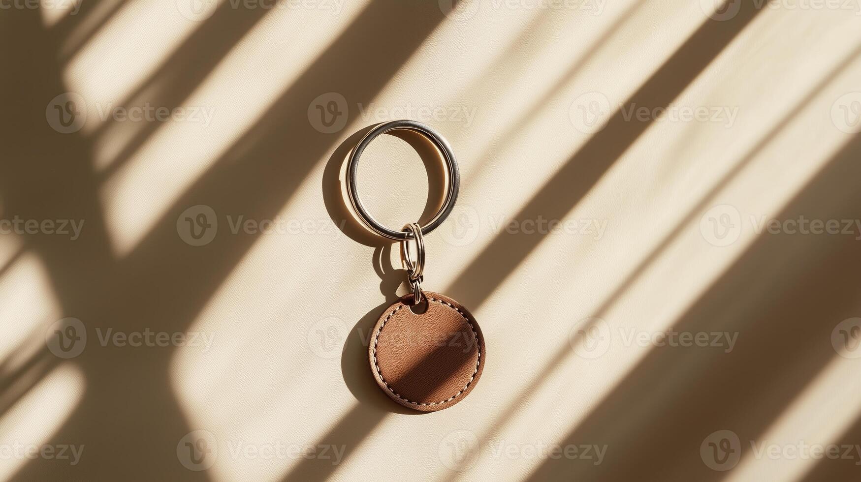 Keychain with round tag casting shadows on a surface in soft lighting photo