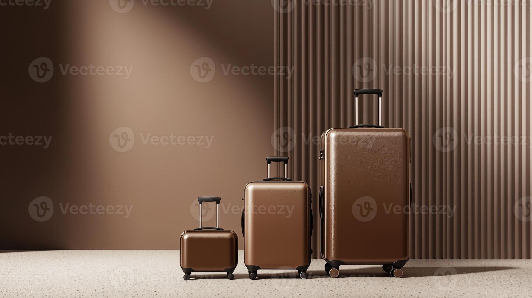 Collection of stylish luggage standing against a textured background in a warm, ambient light setting photo