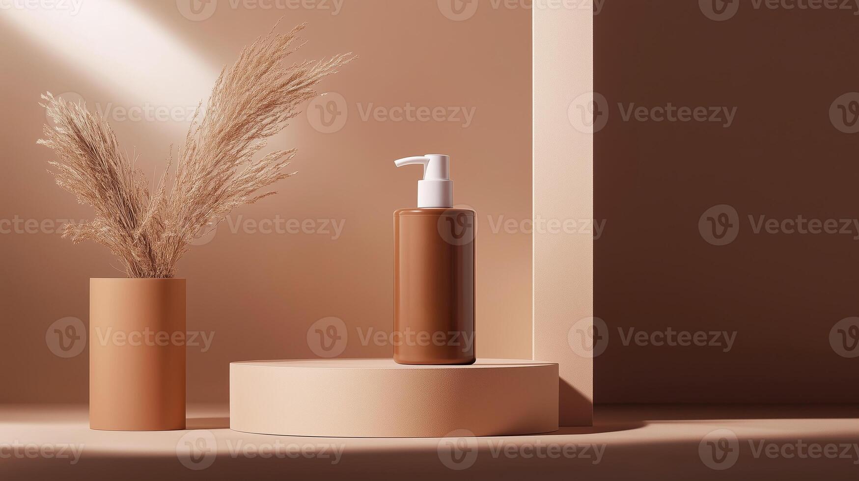 Elegant display of skincare product on a minimalist shelf with decorative elements in warm tones photo
