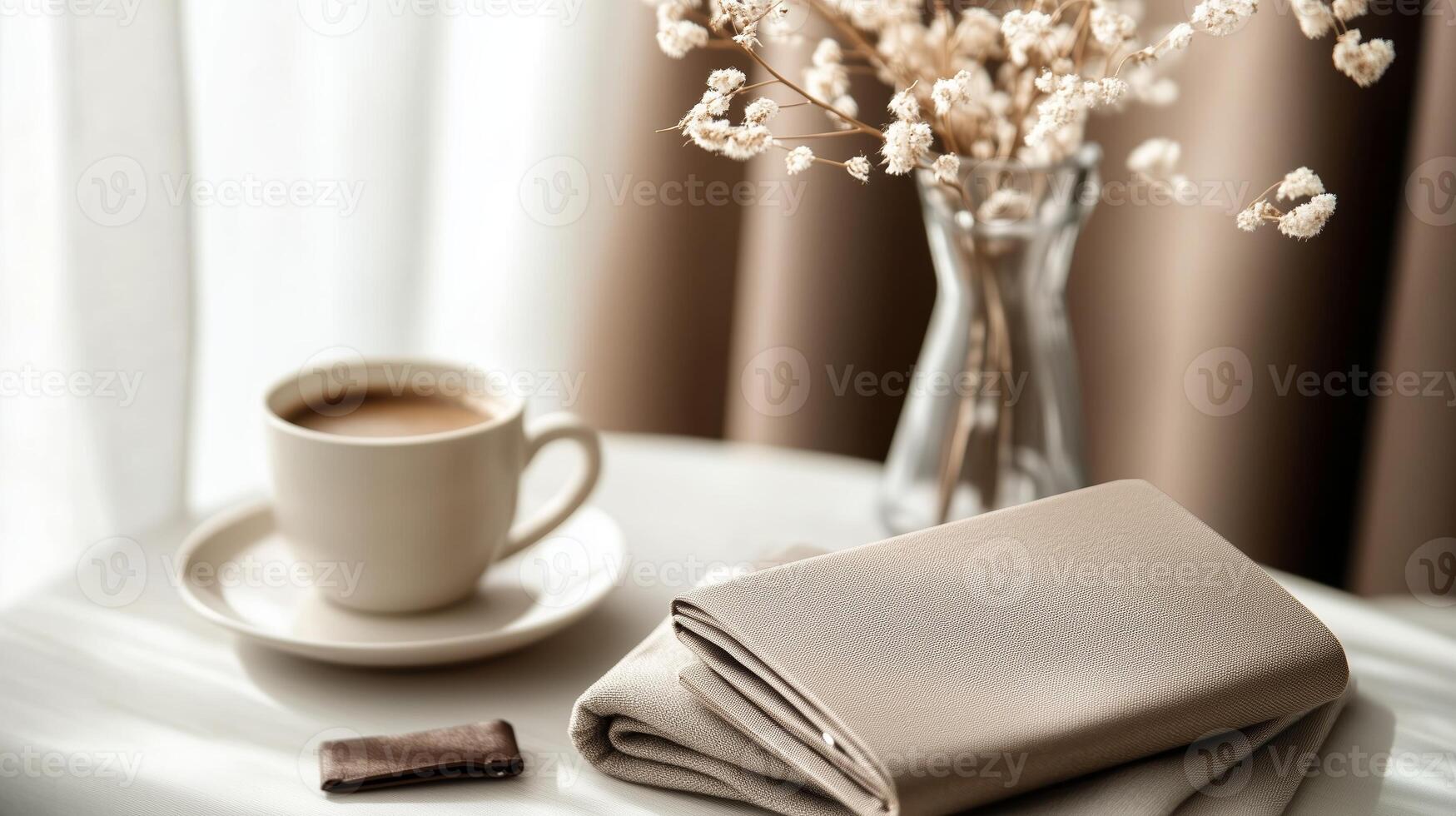 Cozy morning setup with coffee, fresh flowers, and a soft towel on a table beside natural light photo