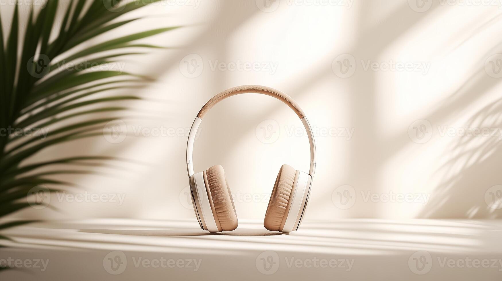 Stylish headphones placed on a simple surface illuminated by soft sunlight filtering through foliage photo