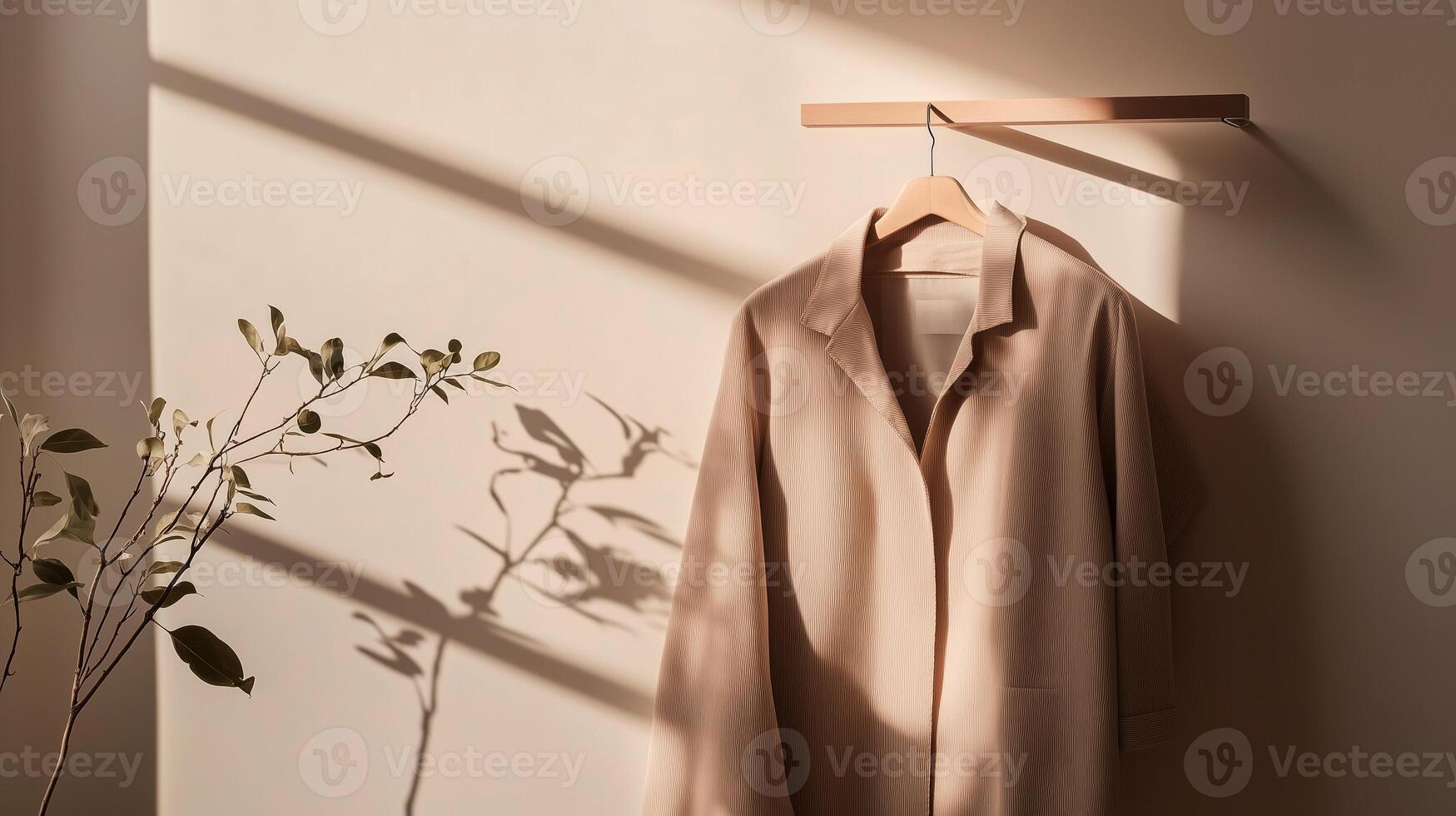Soft sunlight casts gentle shadows on a minimalist clothing display in a serene indoor space photo