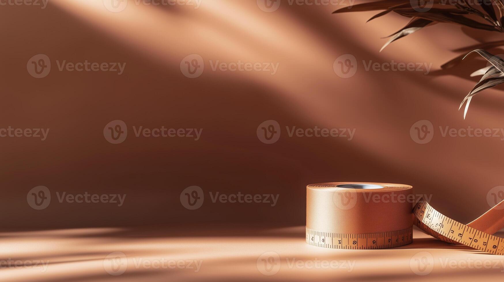 Warm tones and minimalist design highlight measuring tape and plant in a serene setting photo