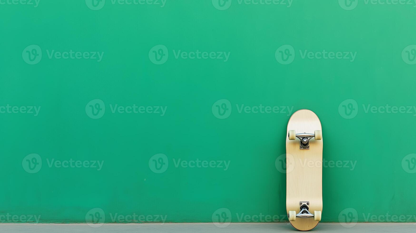 Skateboard resting against a bright green wall in an urban setting for a creative backdrop photo