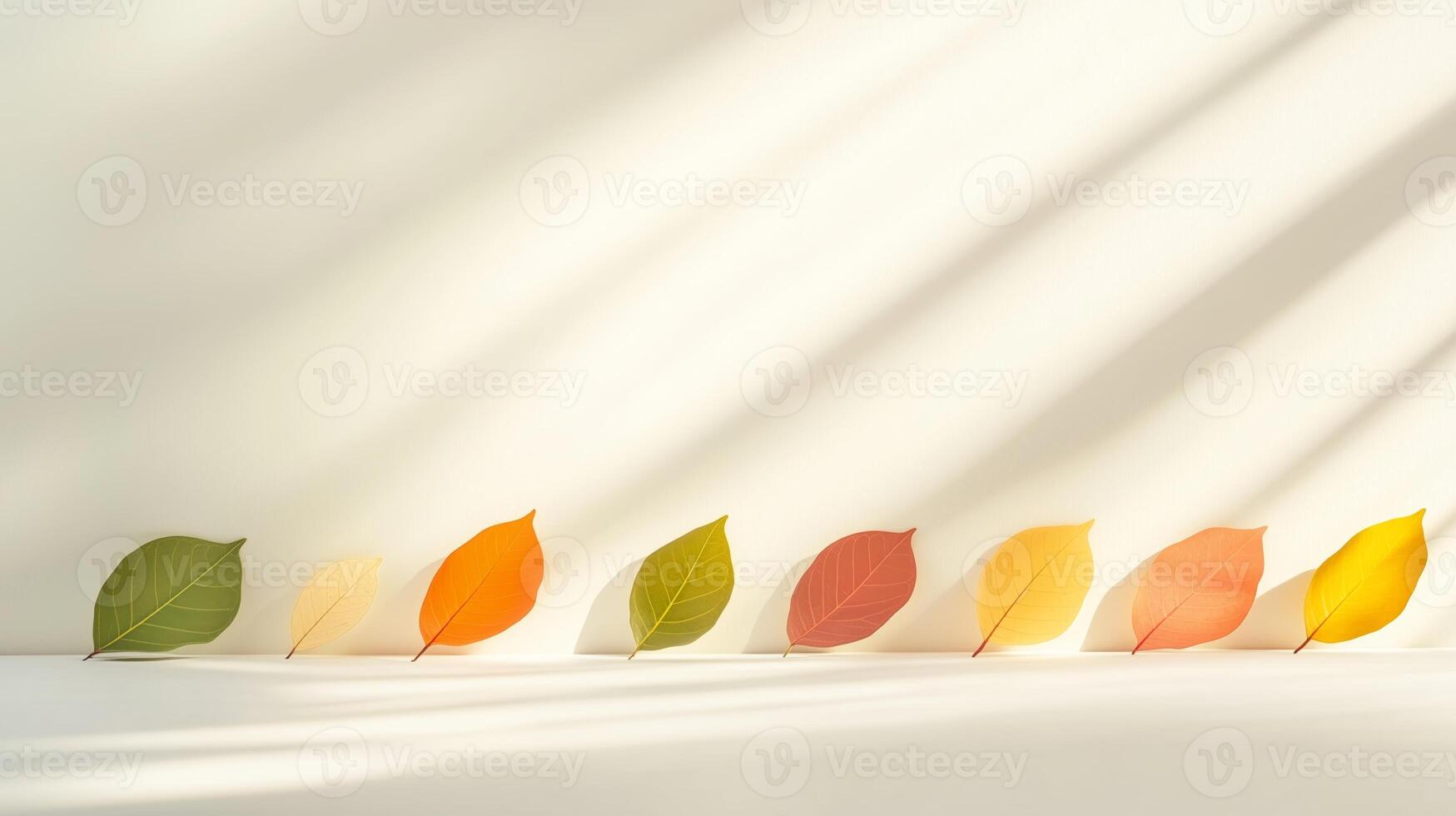 Colorful leaves arranged in a line showcasing the transition of seasons in soft light photo