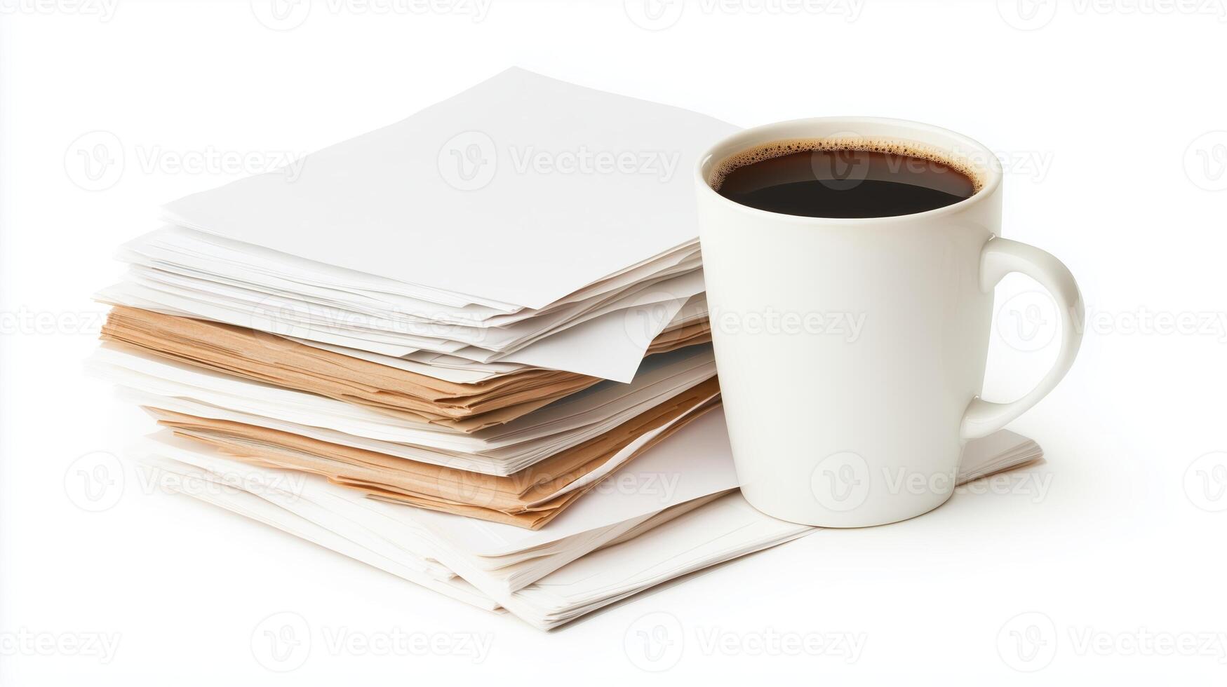 Stack of papers beside a white coffee cup at a workspace in the morning light photo