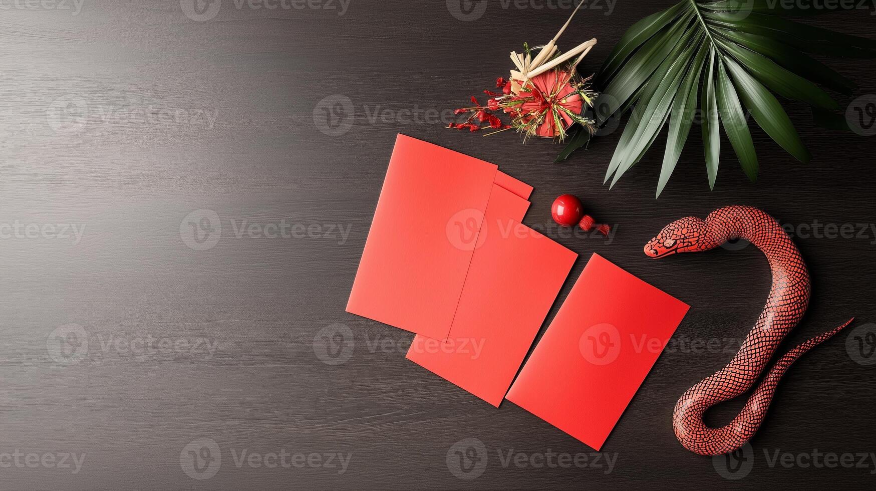 Red decorations and a snake on a dark wooden table for a festive celebration or event photo
