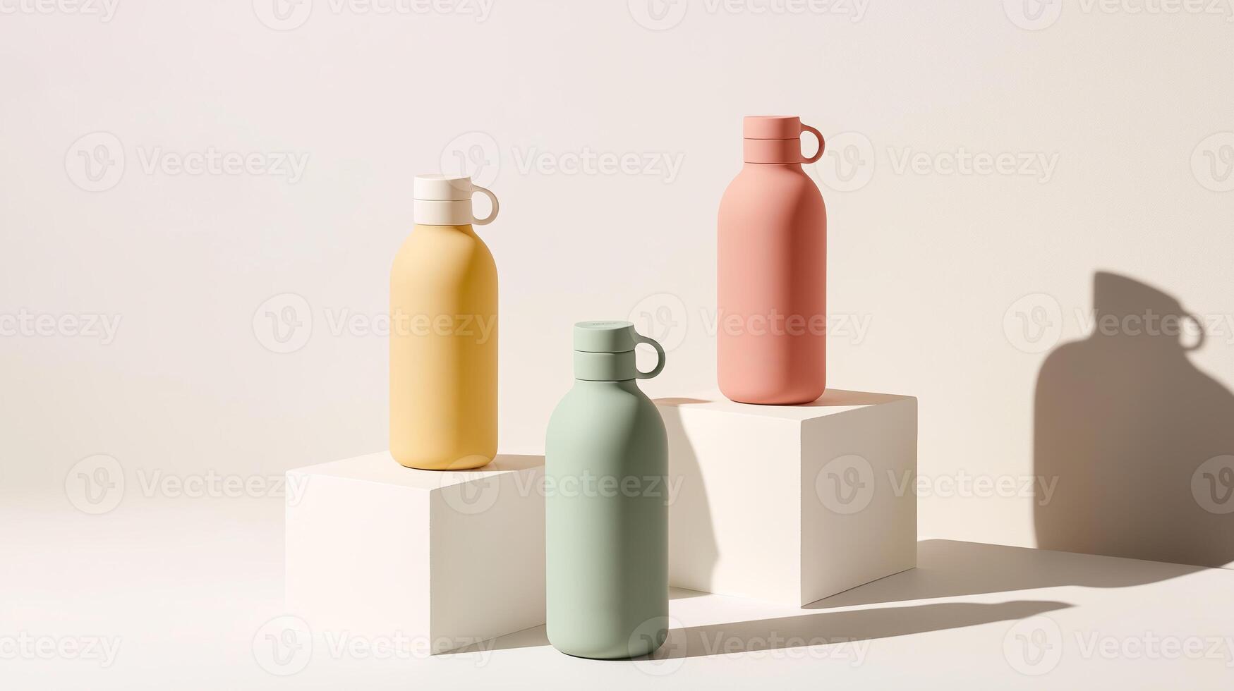 Colorful reusable water bottles displayed on white pedestals in a soft, minimalistic setting photo
