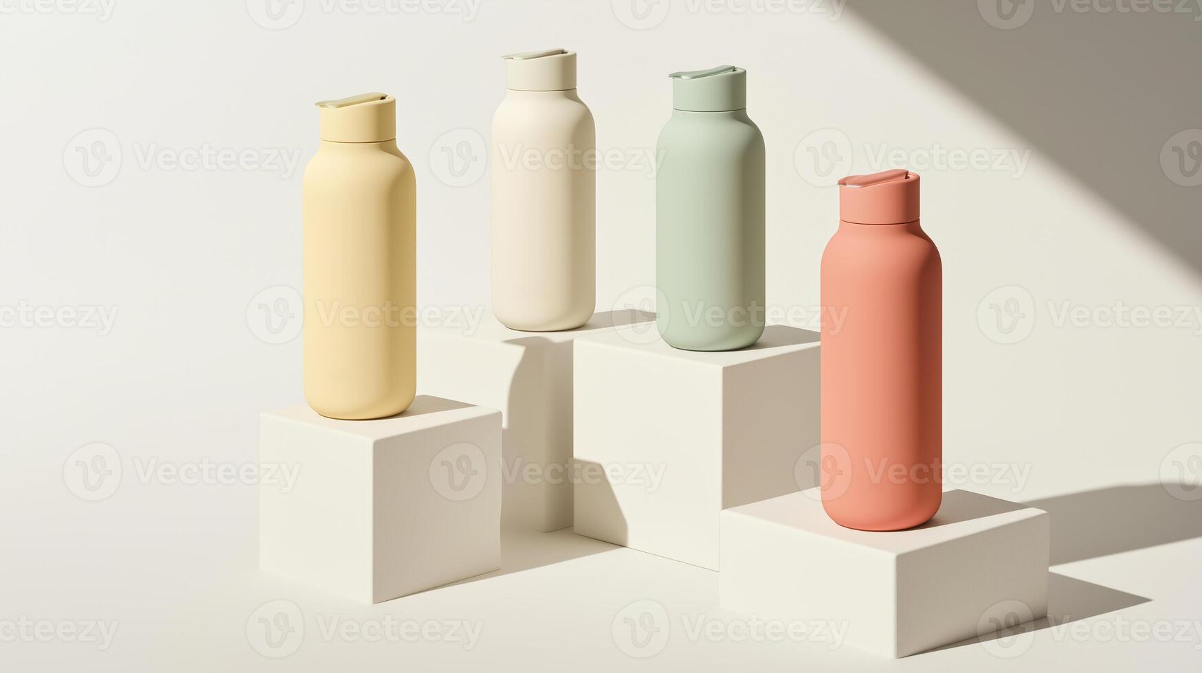 Stylish reusable water bottles displayed on minimalistic pedestals with soft lighting in a clean environment photo