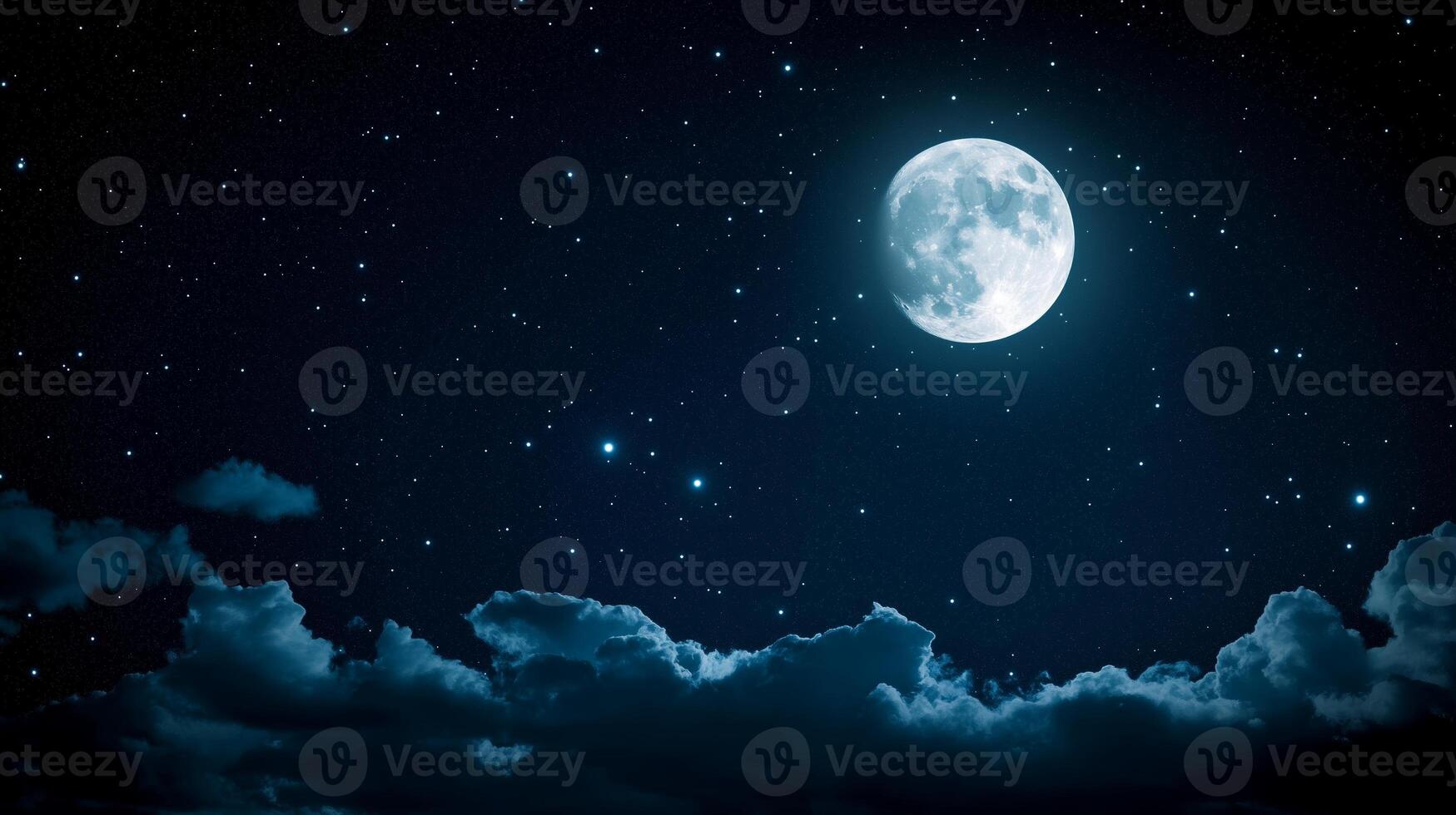 Bright moon illuminates the night sky over soft clouds in a serene landscape with sparkling stars photo