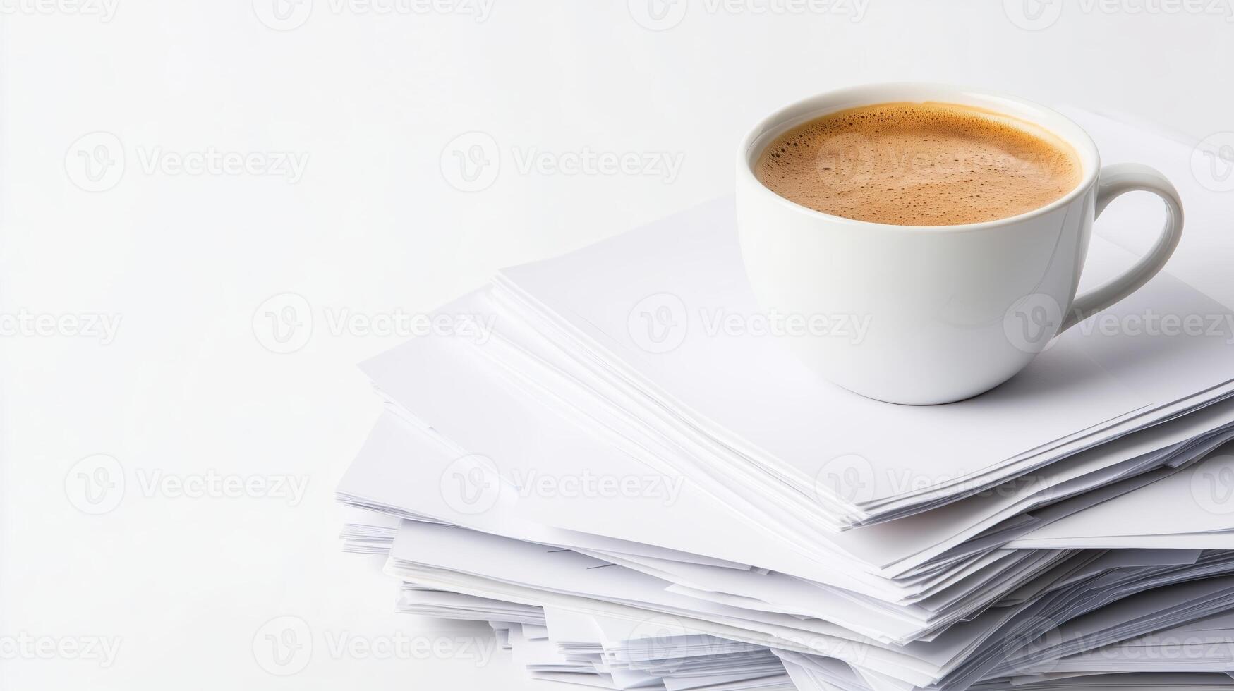 Coffee cup rests on a stack of blank papers illustrating a calm workspace in natural light photo