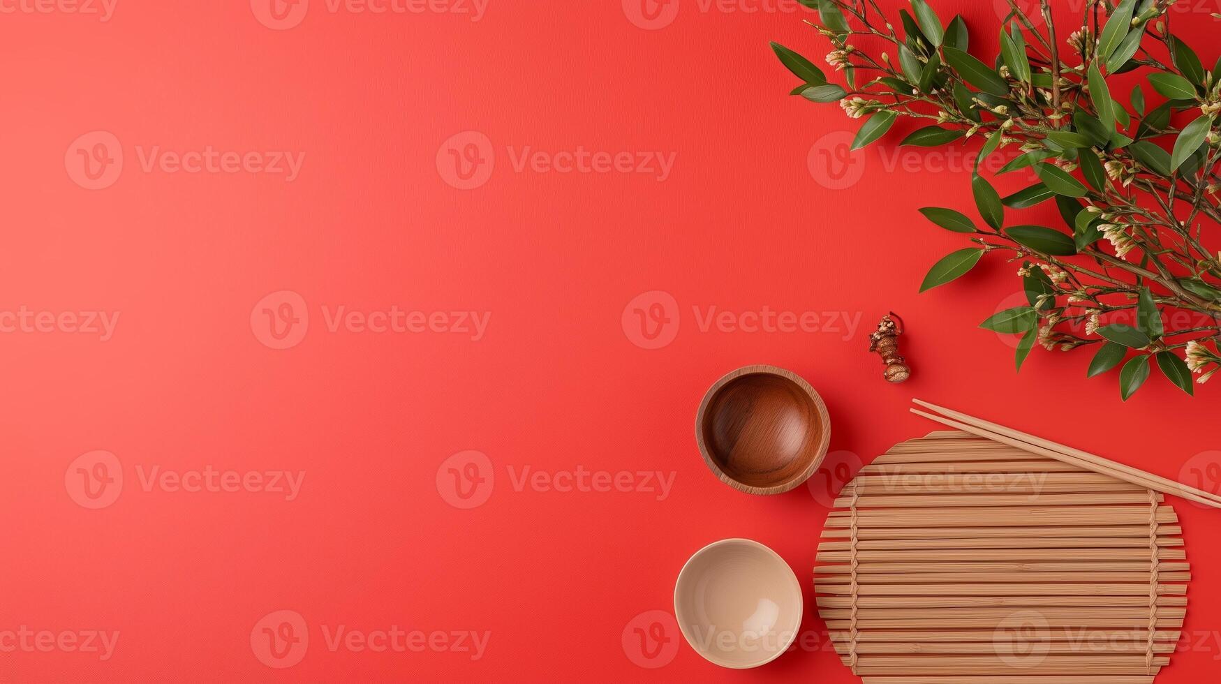 Elegant display of wooden bowls and bamboo mat with foliage on a vibrant red background for dining decor photo
