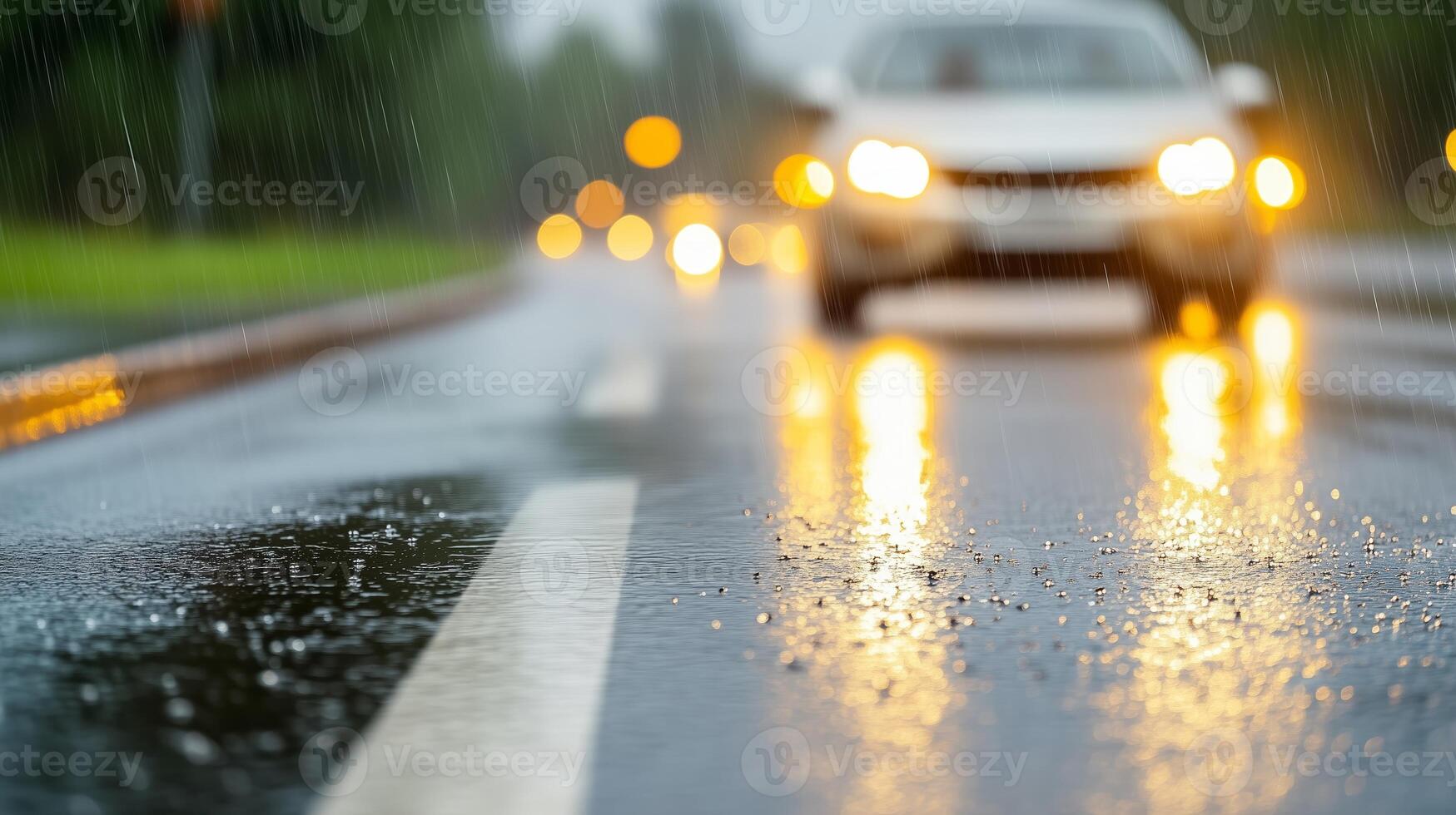 Rain-soaked road reflects lights from passing vehicles on a cloudy day photo