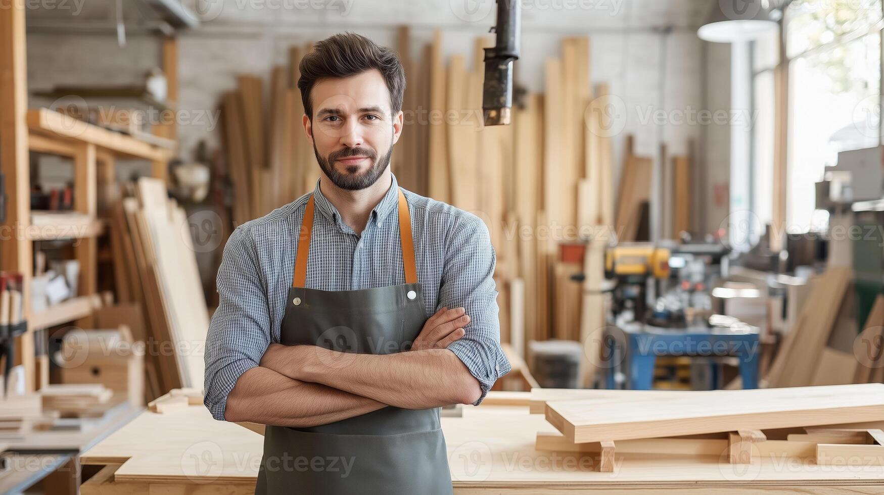 Woodworker in a workshop showcases craftsmanship with various tools and materials present in the background photo
