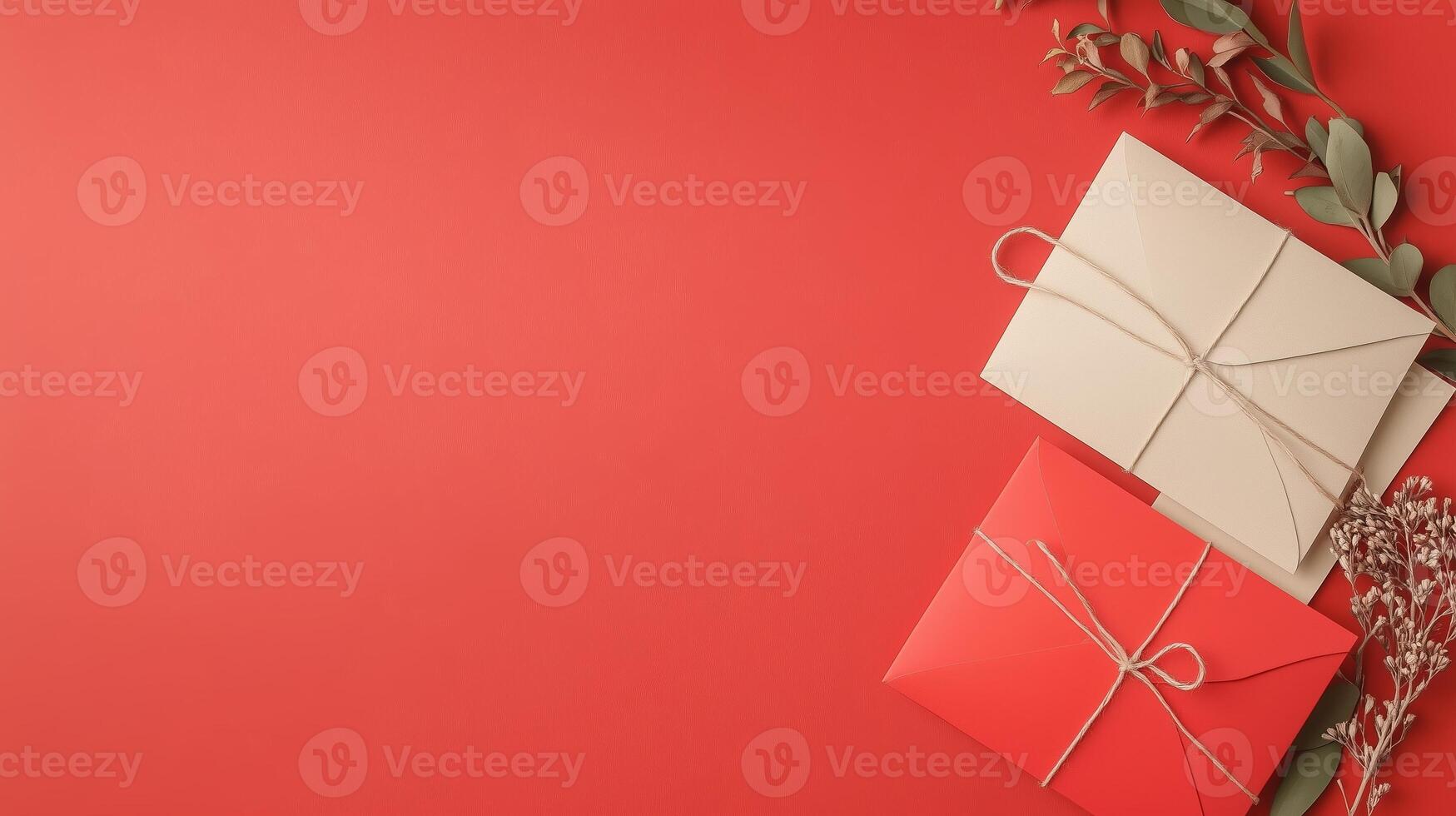 Wrapped gifts and natural elements create a festive arrangement on a vibrant red background photo