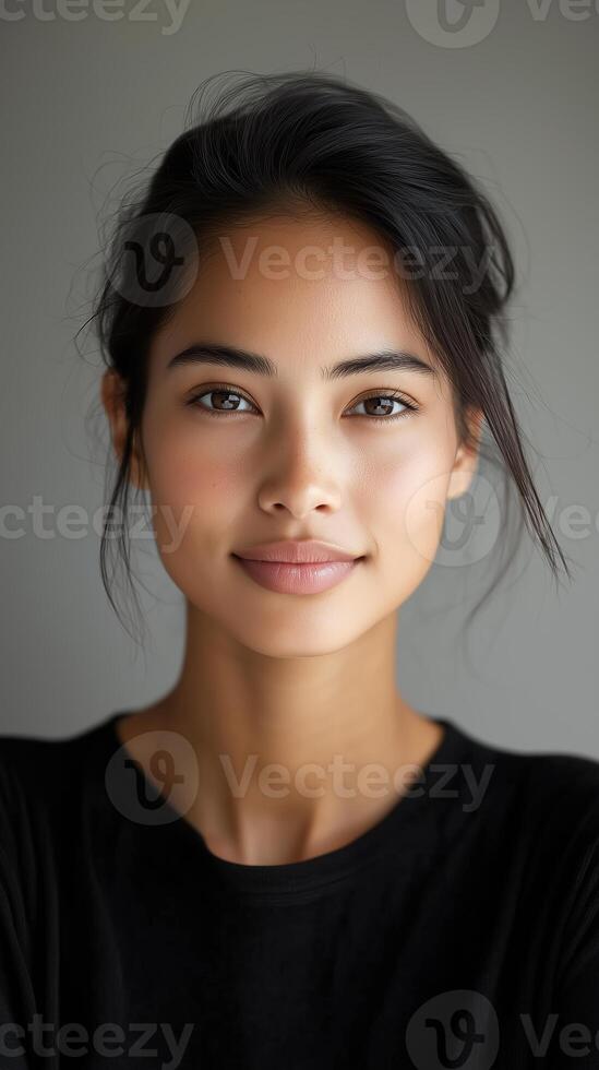Portrait of a woman with natural beauty and soft lighting, showcasing confidence and tranquility photo