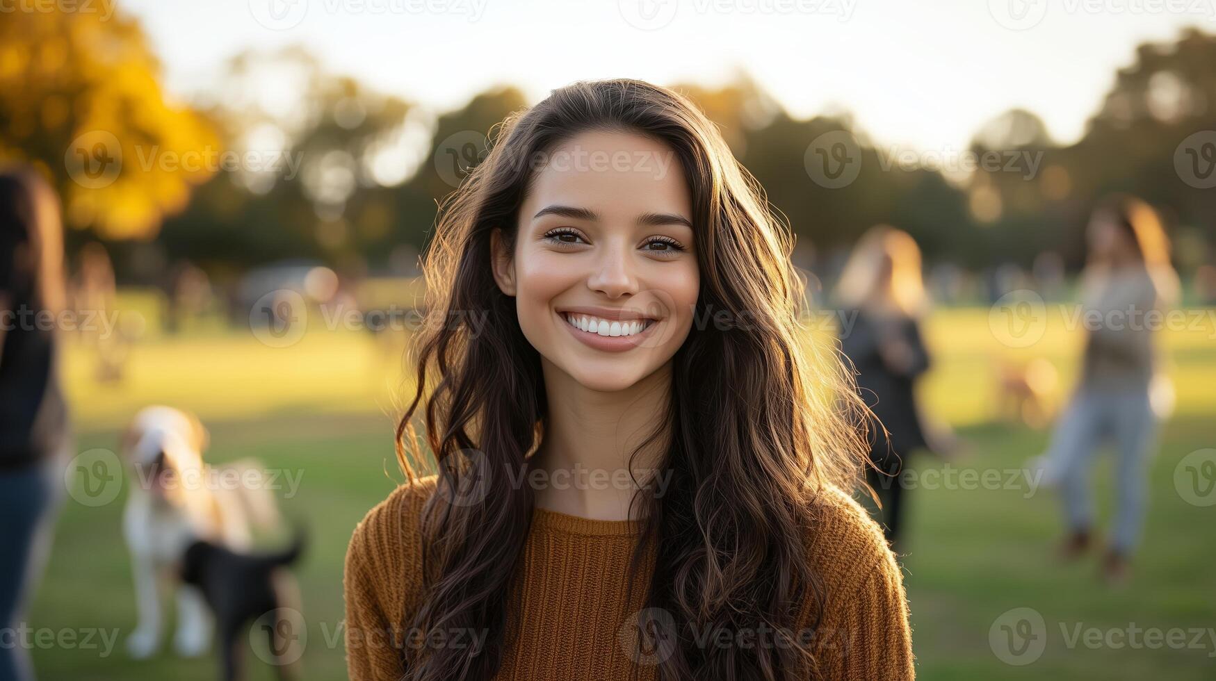 Smiling young woman in autumn park surrounded by friends and pets enjoying nature during golden hour photo