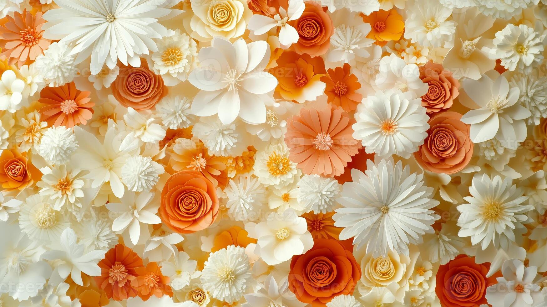 Beautiful arrangement of white and orange flowers creating a vibrant floral backdrop for events or decorations photo