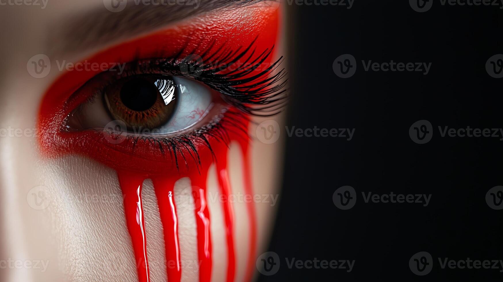 Dramatic close-up of a woman's eye with bold red makeup and striking tears in a dark setting photo