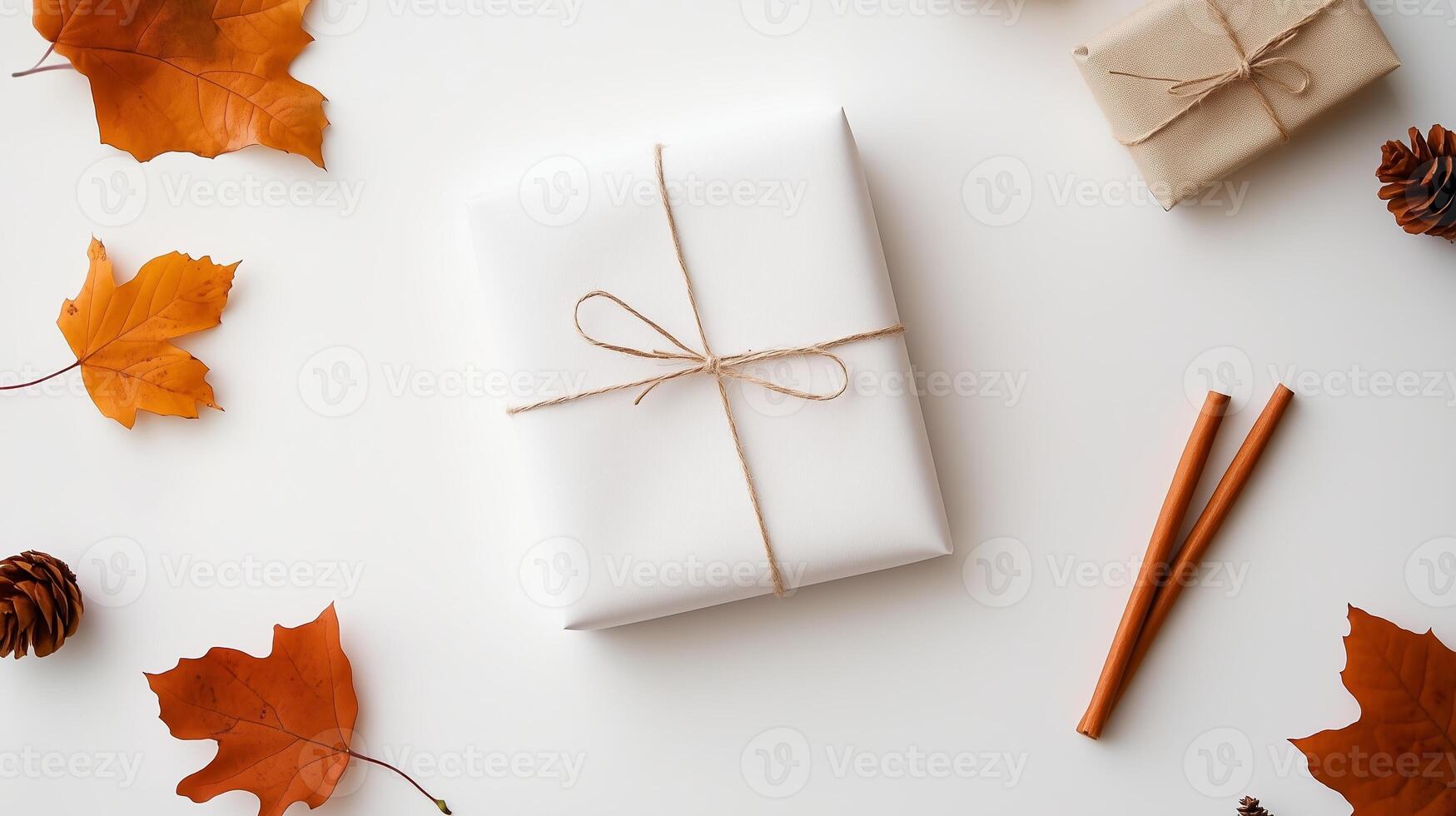 White gift box wrapped with twine surrounded by autumn leaves and decorative elements on a light background photo