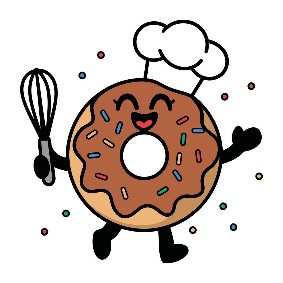 Cute Donut Chef Holding Whisk Illustration vector