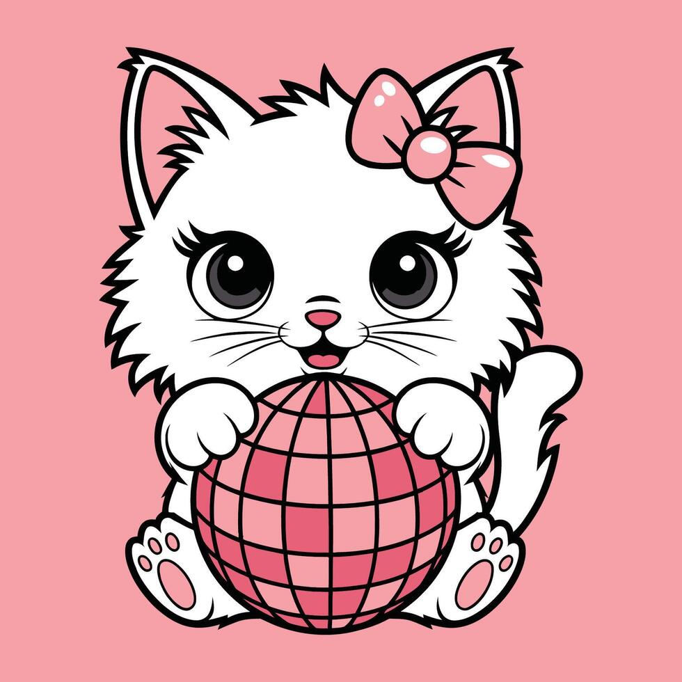 Cute White Kitten with Pink Bow and Disco Ball Illustration vector