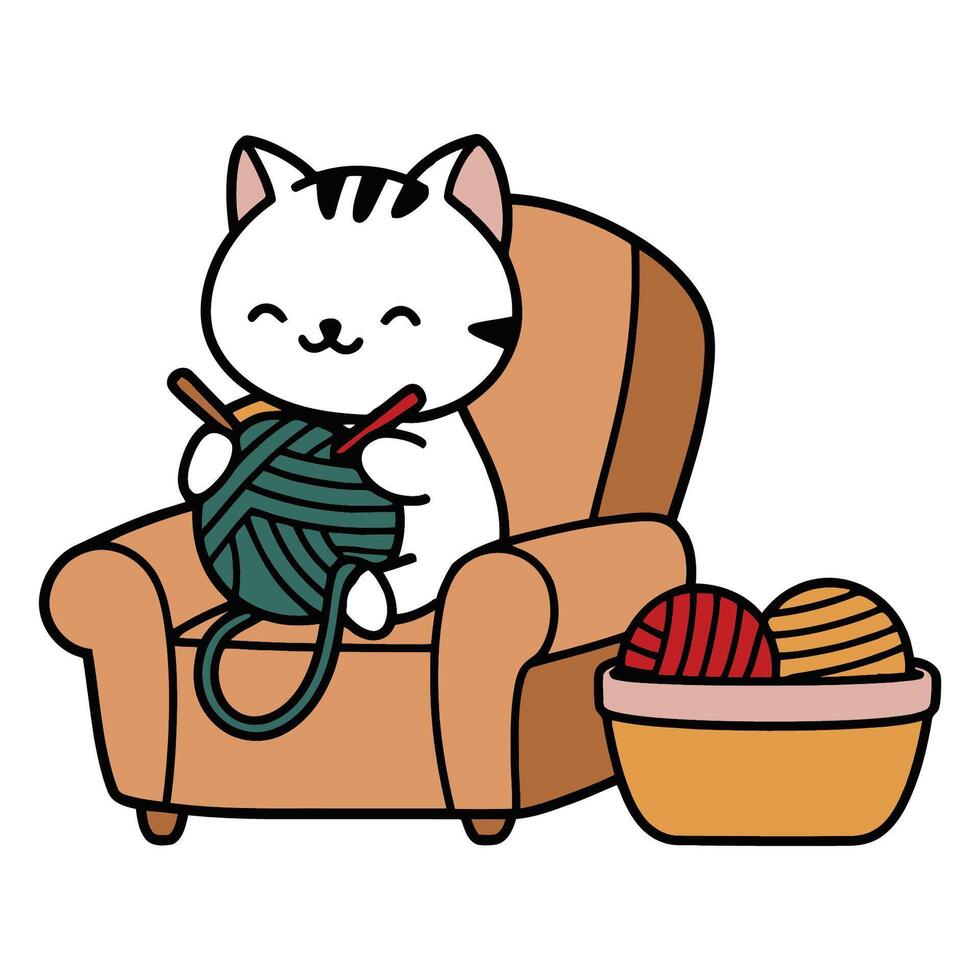 Cute Cat Knitting on a Cozy Chair vector