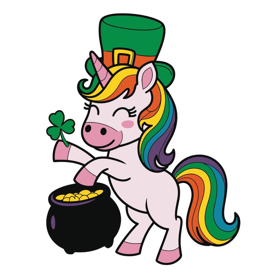 Unicorn with Shamrock and Pot of Gold St. Patrick's Day Illustration vector