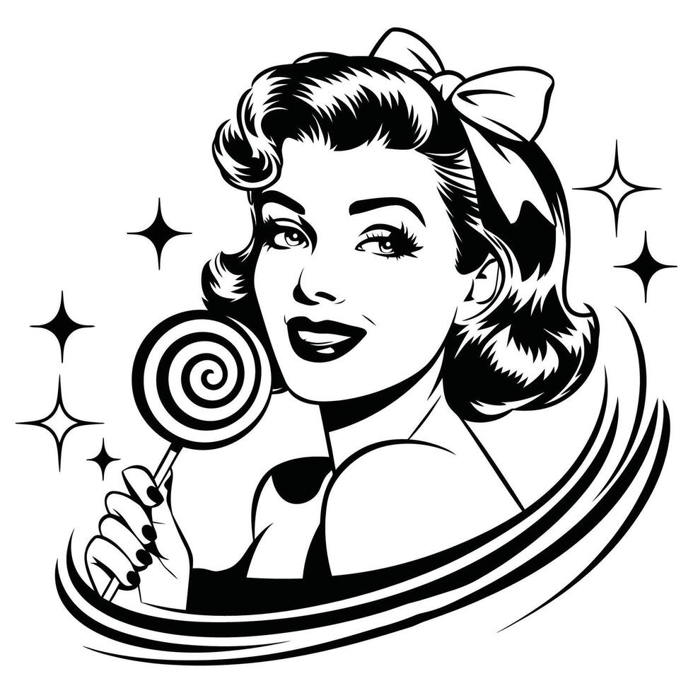 Retro Woman with Lollipop Illustration vector
