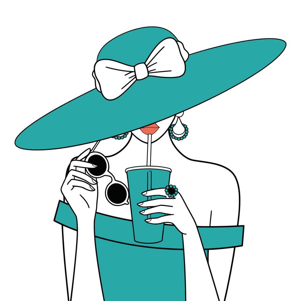 Elegant Woman with Hat and Drink in Minimalist Style vector