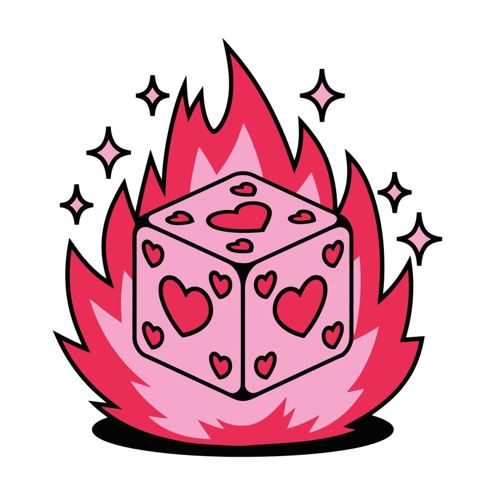 Flaming Pink Dice with Heart Symbols Illustration vector