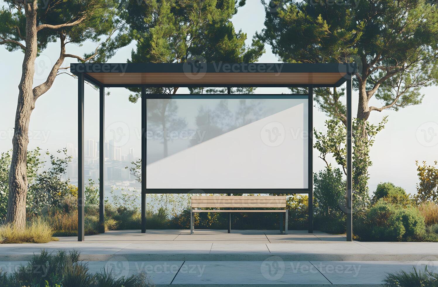 A Modern Bus Stop with a Blank Billboard and a Bench photo