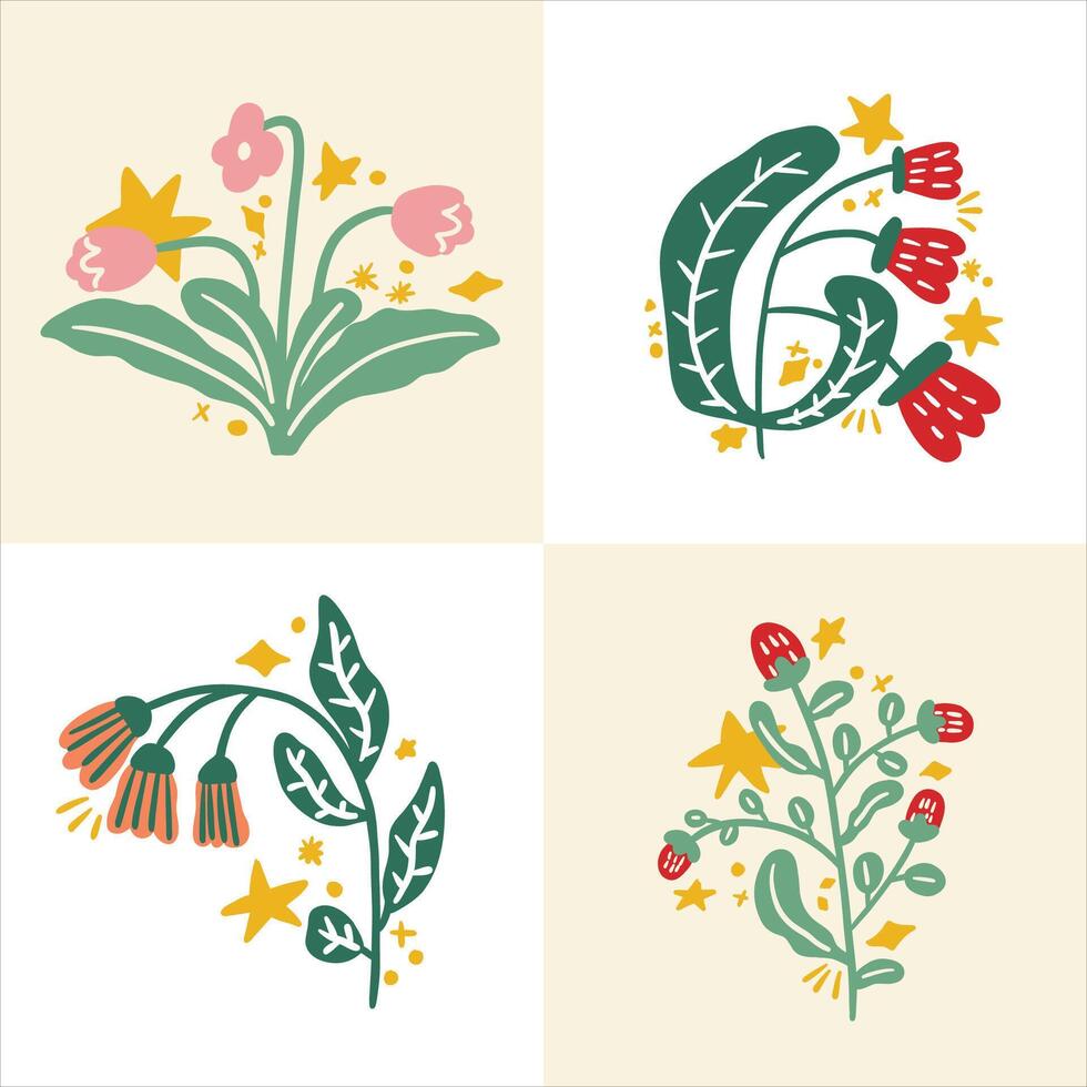 hand drawn groovy abstract floral illustration design concept vector