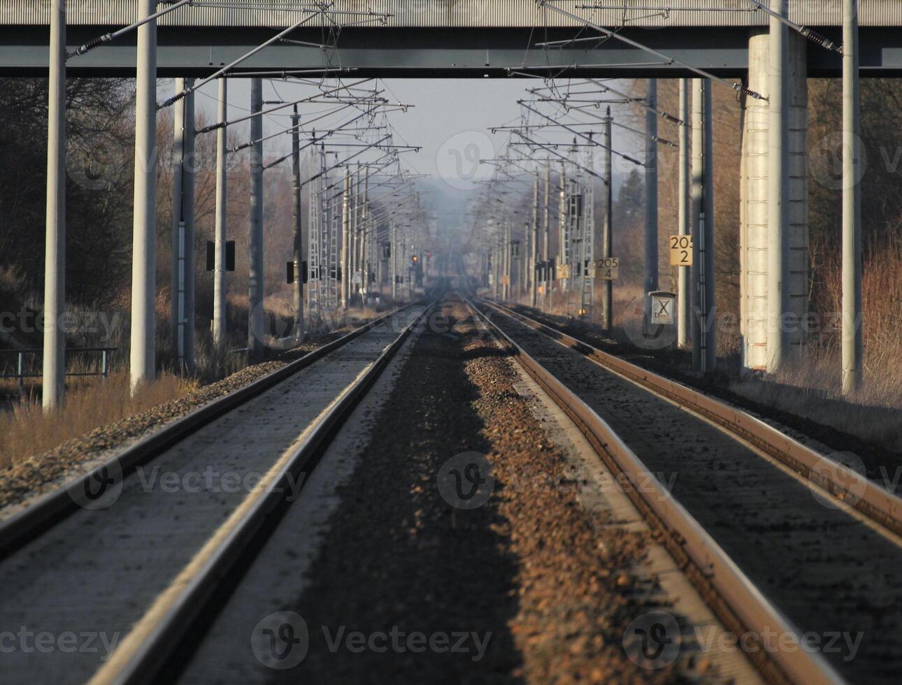 Symmetrical shot from the middle of two rail tracks photo
