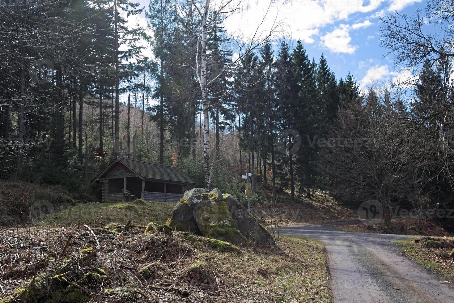 Mountain road junction with resting hut in Black Forest, Baden-Wurttemberg, Germany photo