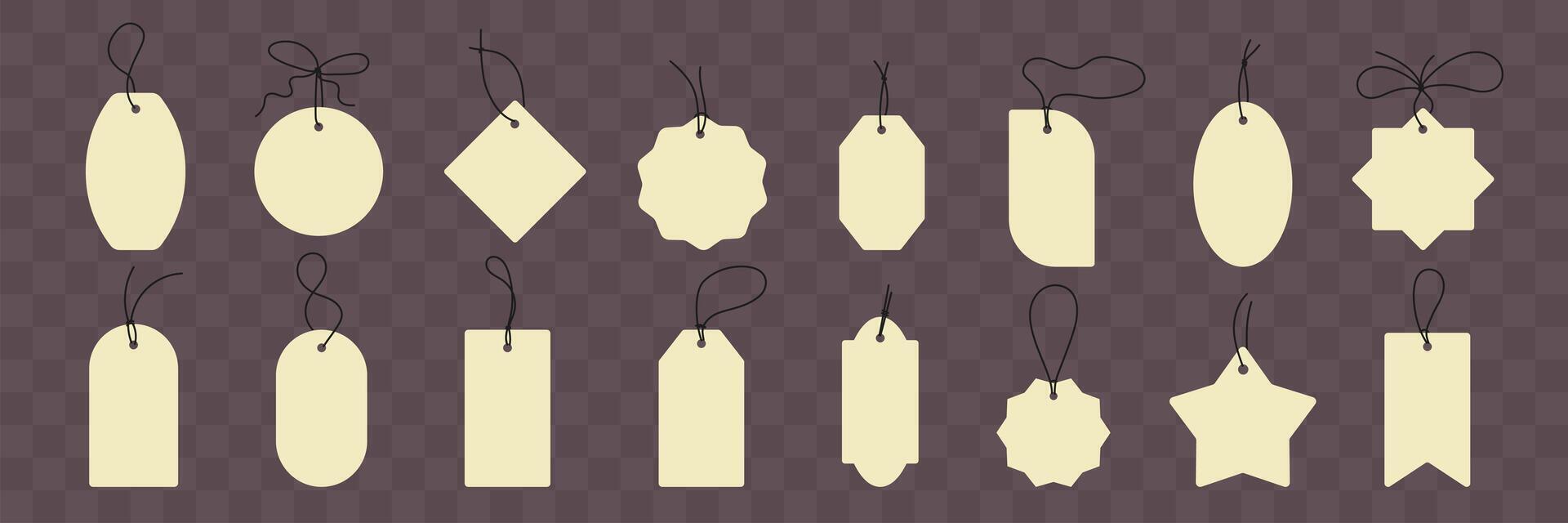 Paper price tags collection. Set of blank gift tags. Discount price for store. Various paper shapes with rope and bows. illustration vector