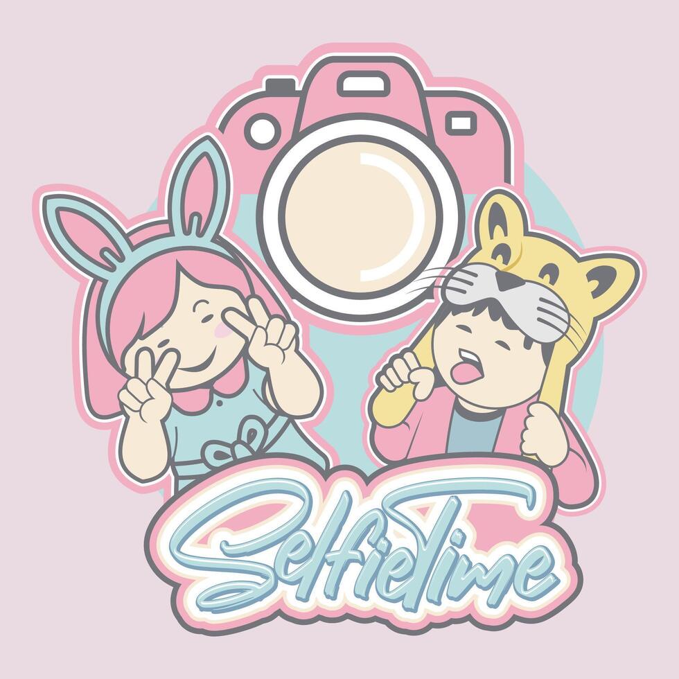Two children are doing a selfie pose vector