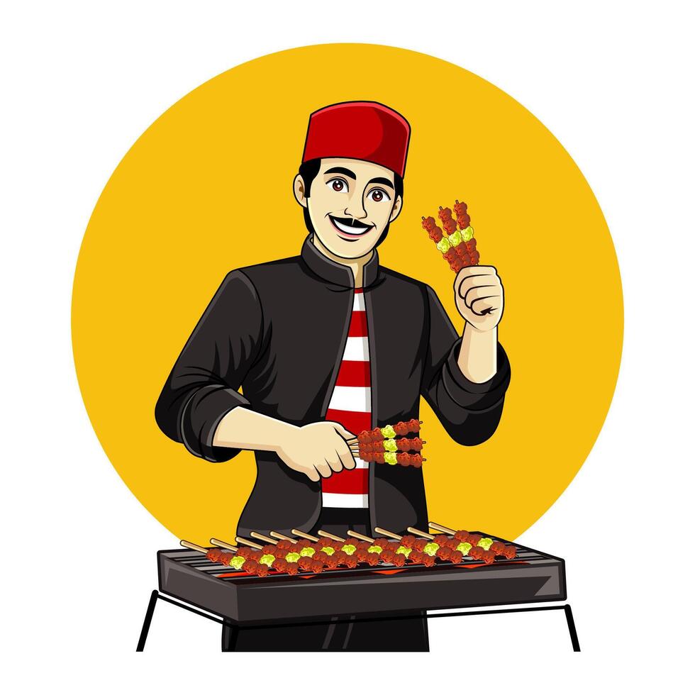 satay seller at a roadside stall vector