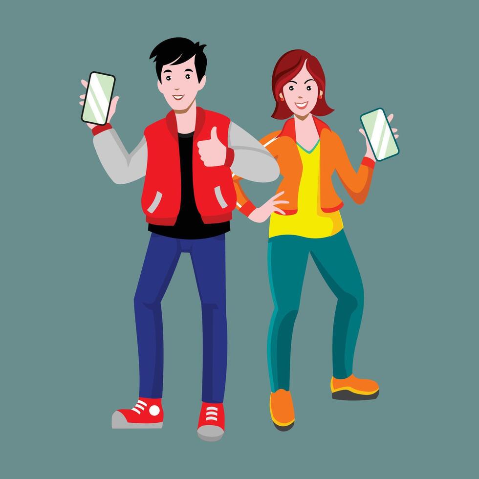 Two people holding up their phones and giving thumbs up vector