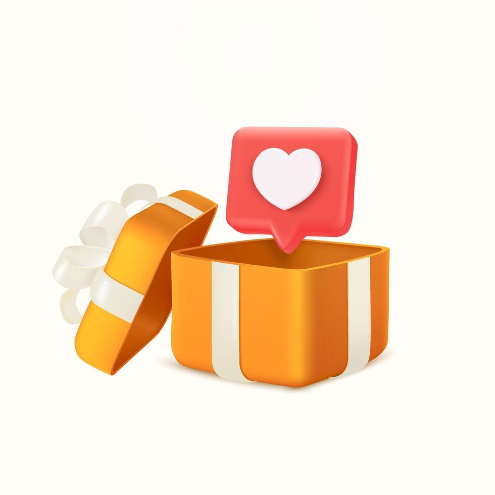 Opened gift box with heat inside. Surprise giftbox with appreciate. Concept of love, follow, subscribe in social media. Concept of love, follow, subscribe in social media. 3d illustration vector