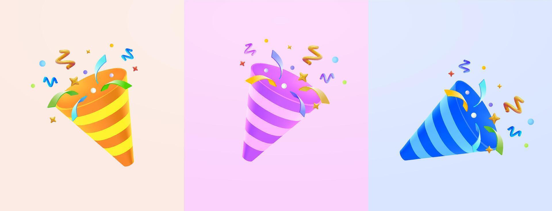 3D Party Popper with Confetti Isolated on Background. Colorful Firecracker Elements in Various Shapes. Party, Holyday Surprise or Birthday Events. 3D Illustration. vector
