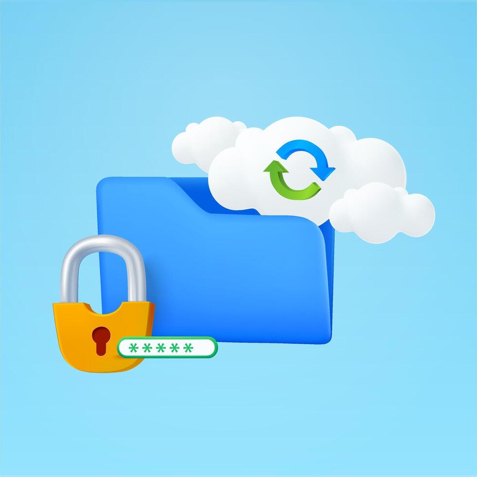 3d folder with cloud, sync icon, secured lock, password input, isolated on background. vector