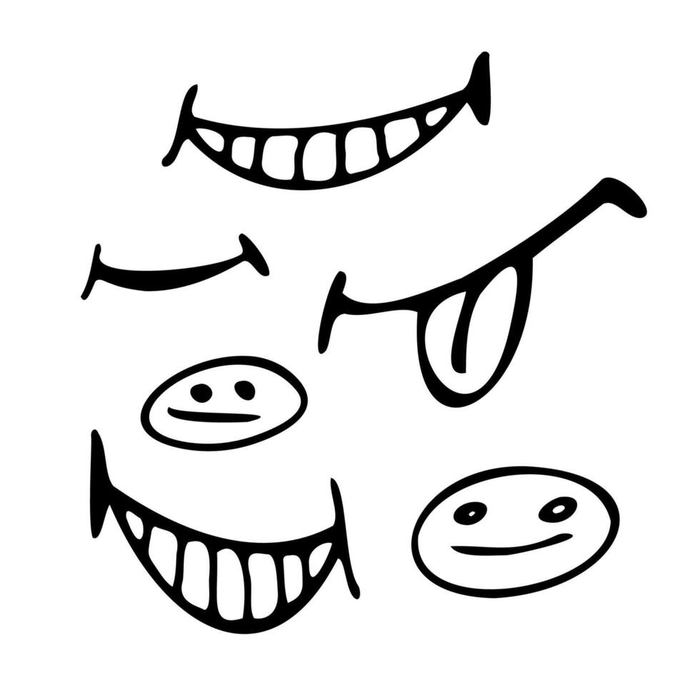 Cartoon smiles and smiles with a cheerful, smiling, thoughtful expression. A hand-drawn mouth, a cartoon tongue icon. A collection of funny mouth comics vector
