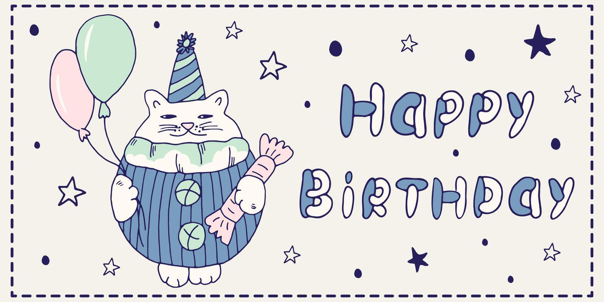 A festive cartoon cat with balloons and a gift hand-drawn in doodle style. The inscription Happy birthday is handmade. Hand-drawn illustration for a greeting card, envelope, birthday banner vector