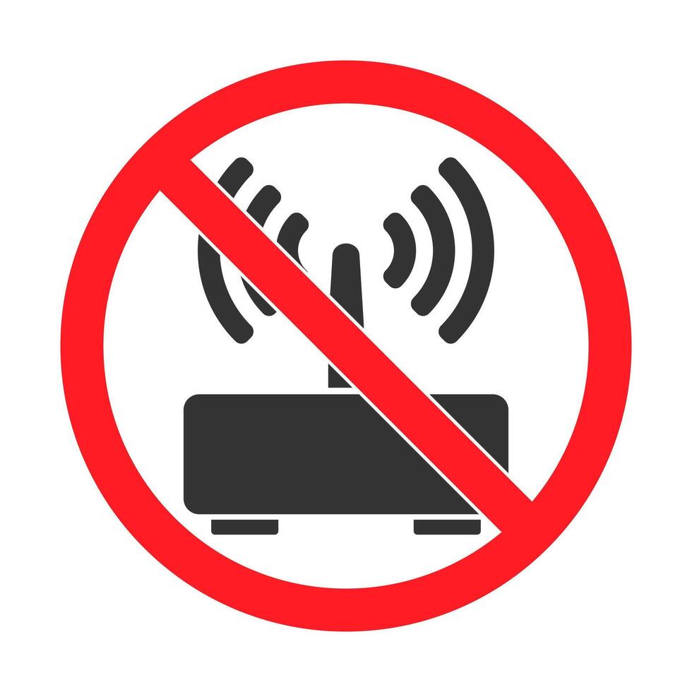 Forbidden router icon. No Wifi router connection signal symbol. Wifi connection prohibited sign. ban, prohibition. illustration image. Isolated on white background. vector